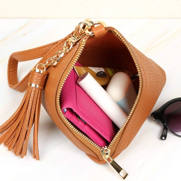 Vegan Leather Wristlet Clutch Purse Pink Compact Detachable Strap Tassel - Picture 4 of 6